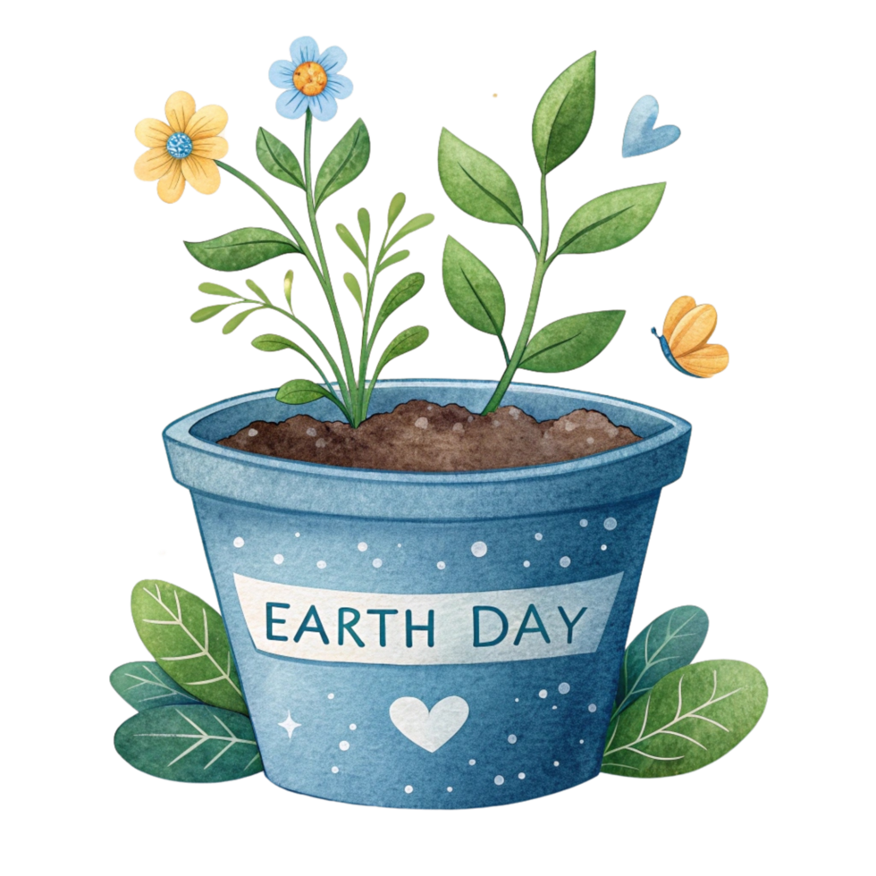 Prominently labeled 'EARTH DAY' with a heart symbol filled with soil and two blooming flowers. png