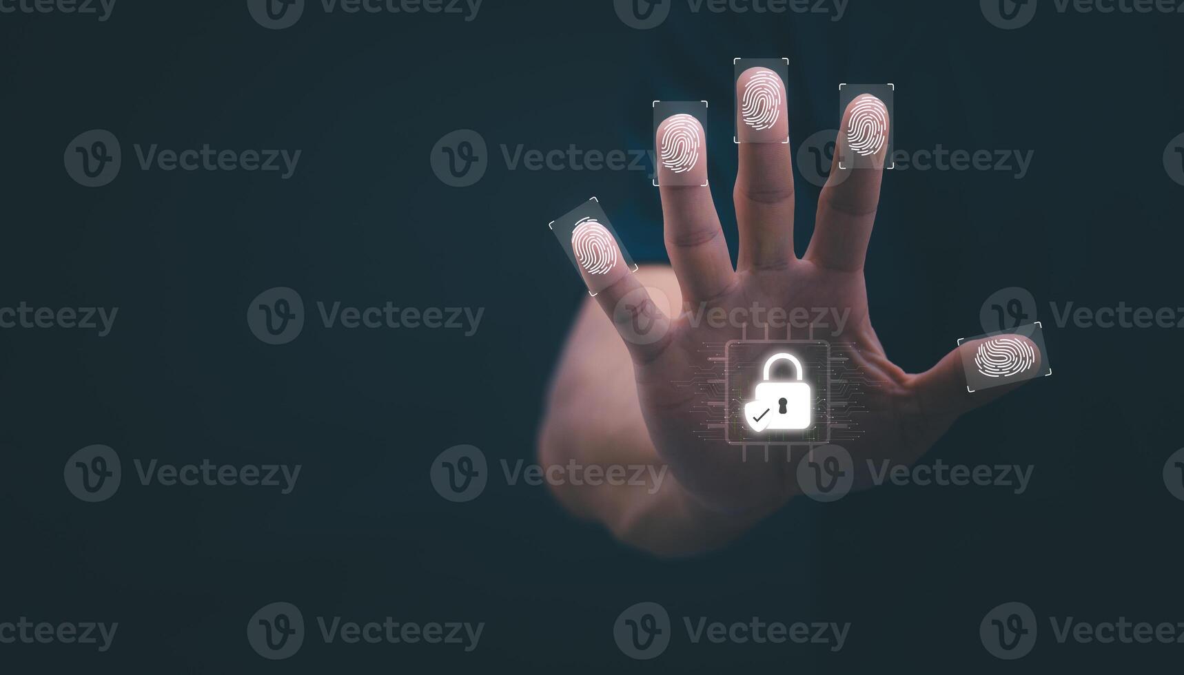 a person holding up their hand with a digital lock on it photo