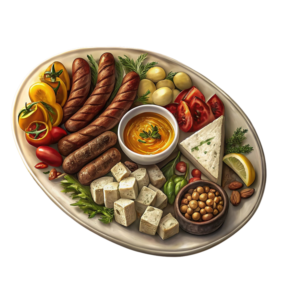 Circular white platter centered against enhancing the colors of the food. png