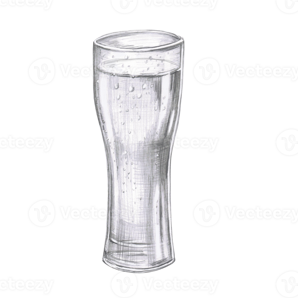 Glass Irish pint with foamy beer. Isolated pencil illustration in realistic style for bar menu design, restaurant interior, poster printing. png