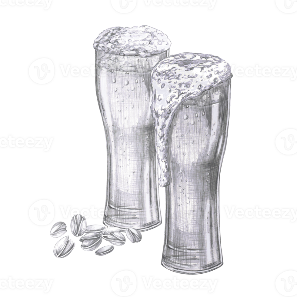 Two beer glasses and a pile of pistachios. Isolated pencil illustration of a snack in a realistic style for restaurant menu design, beer festival, packaging, bar interior png