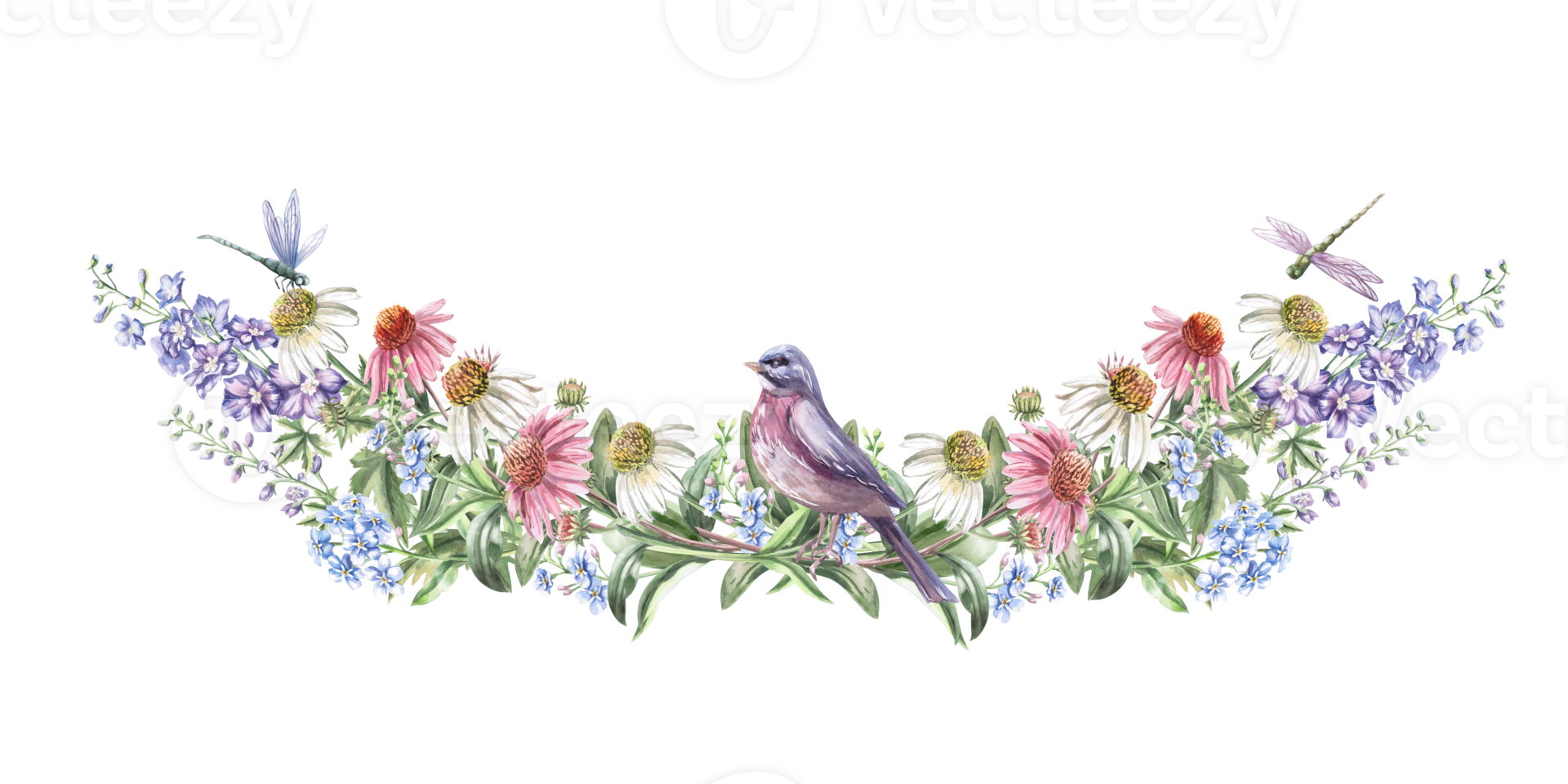 Central composition with a bird and curved flowers. Isolated watercolor illustration of flowers for textile design, printing on fabric and clothes, posters, decor elements. png