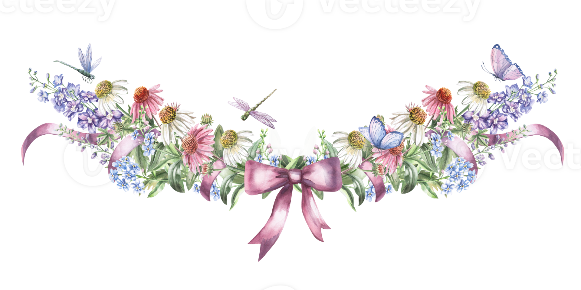 Central composition with a flowers of echinacea, delphinium,forget-me-nots,dragonflies, butterflies. Isolated watercolor illustration of flowers for textile design, printing on fabric and clothes. png