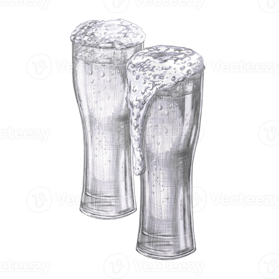 Two beer glasses. Isolated pencil illustration of snack in realistic style for restaurant menu design, beer festival, packaging, bar interior. png