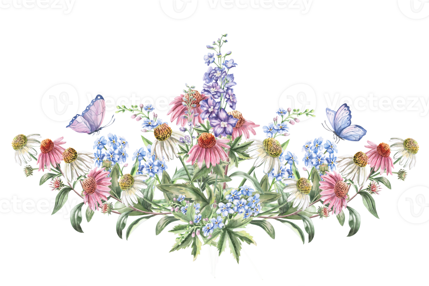 Central curved composition of flowers echinacea, forget-me-nots, delphinium and butterflies. Isolated watercolor illustration of flowers for textile design, printing on fabric and clothes, posters. png