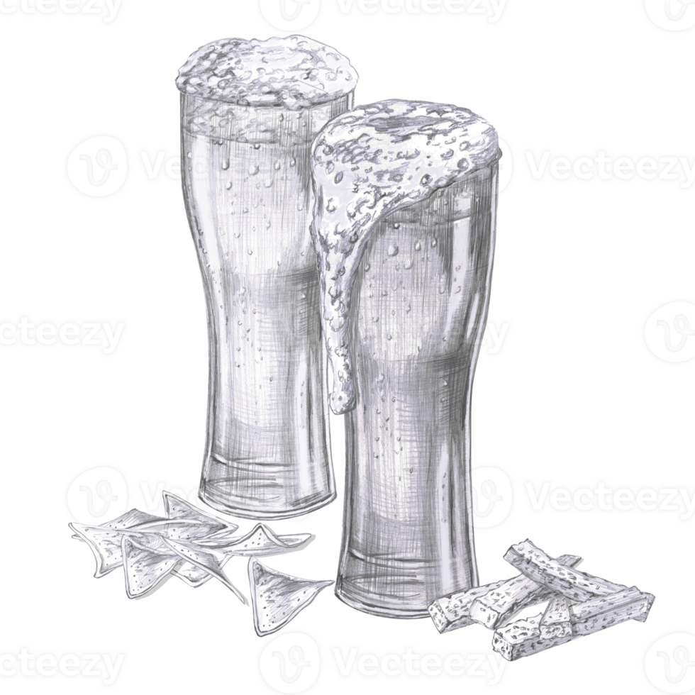 Two beer glasses with chips and crackers. Isolated pencil illustration of snack in realistic style for restaurant menu design, beer festival, packaging, bar interior png