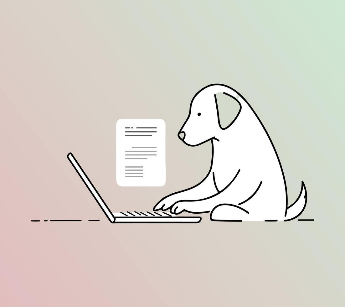 Minimal Line Art Dog Working on Laptop Smart Pet Illustration. vector