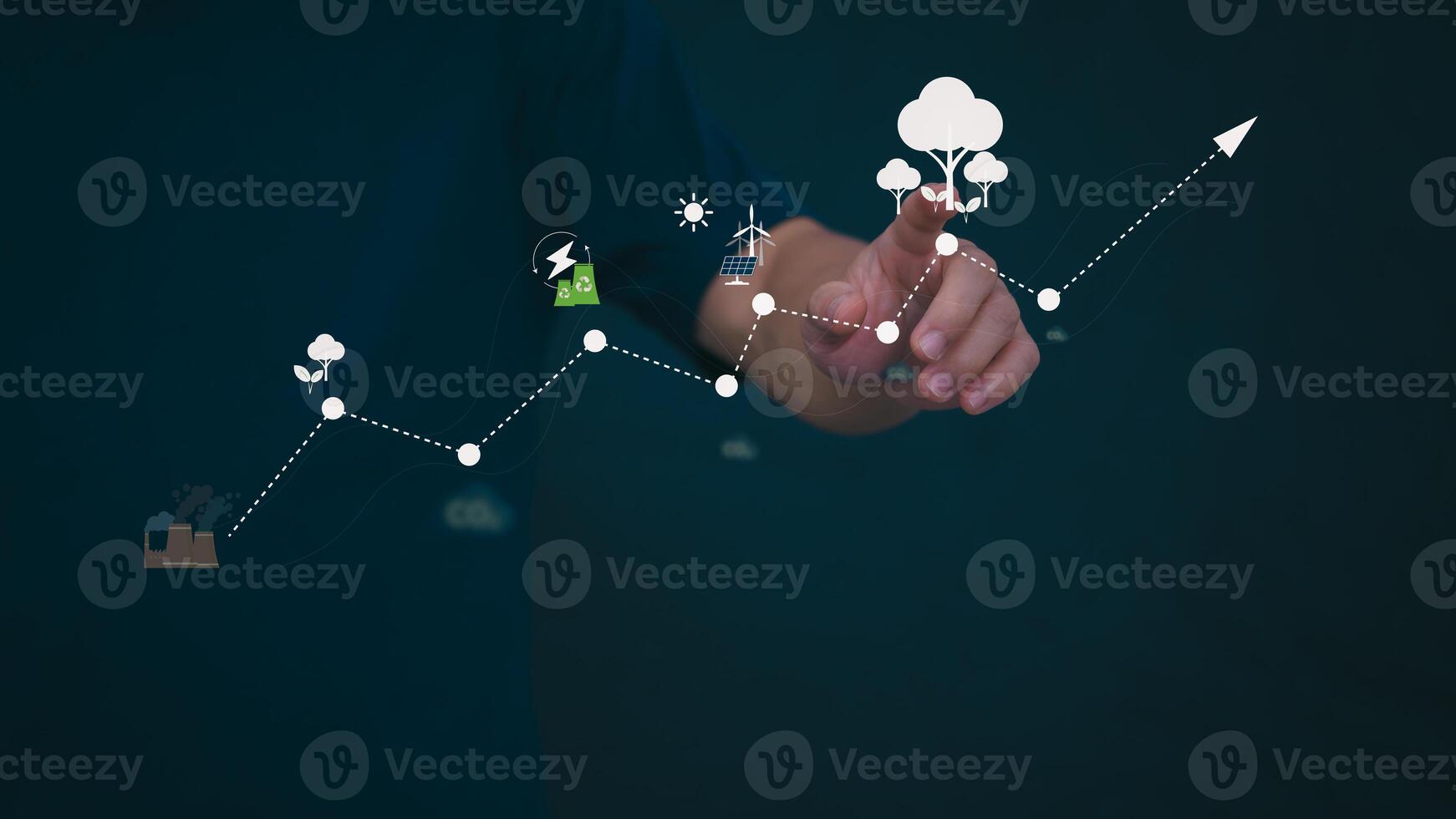 a person is pointing at a graph with icons photo