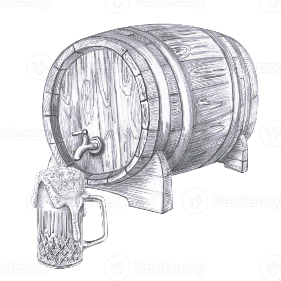 Composition of oak barrel and mug with foamy beer. Isolated pencil illustration in realistic style for restaurant menu design, beer festival, packaging, bar interior. png