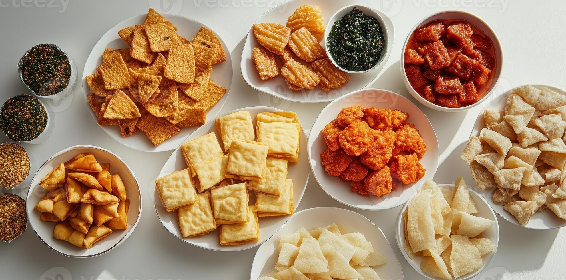 An overhead view of various snack foods on white plates photo