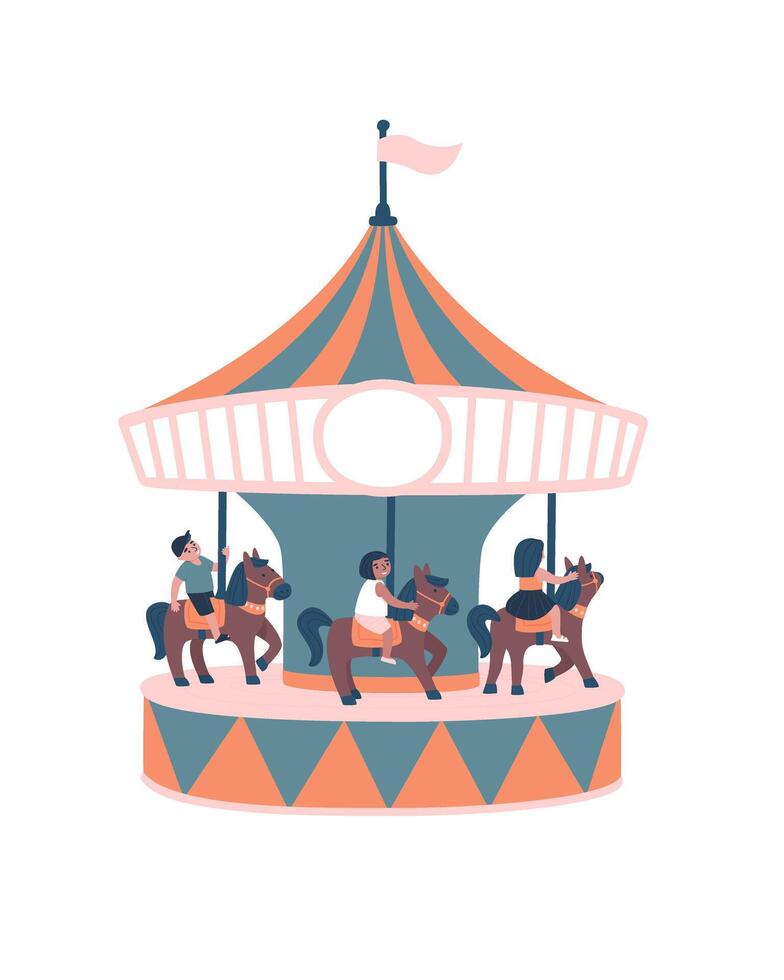 Happy children riding on carousel with horses vector