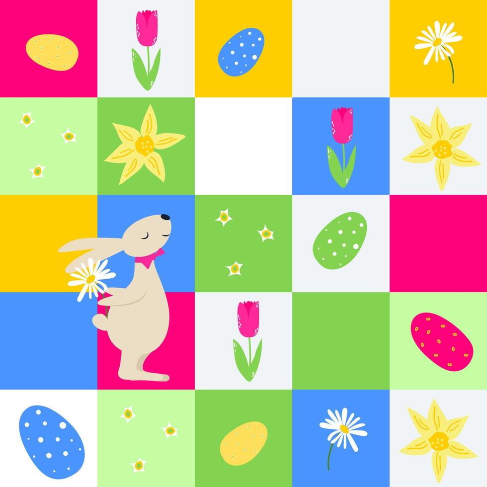 Easter quilt seamless background, patchwork pattern with cute rabbit, spring flowers, eggs vector