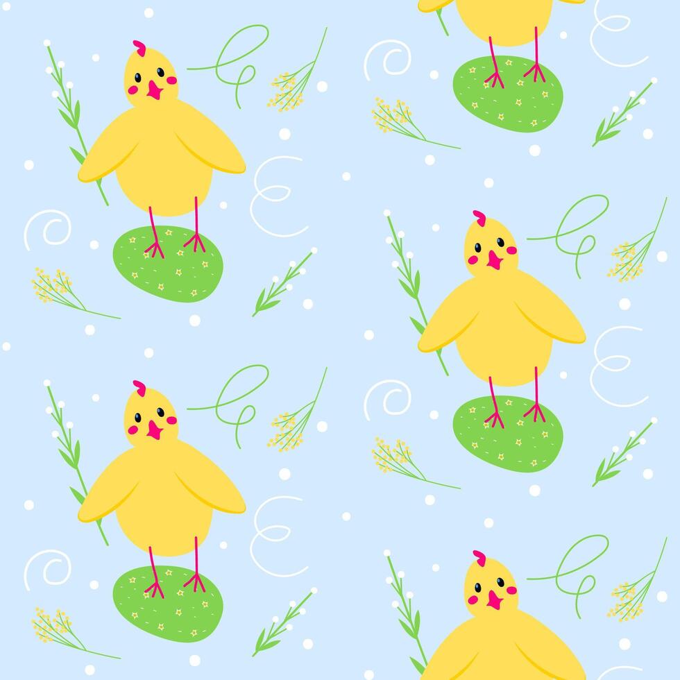 Seamless pastel spring floral pattern with cute yellow chicken bird standing on egg. Children or Easter background with mimosa flowers. vector