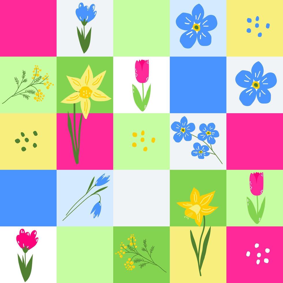 Spring flower checkered seamless background, patchwork pattern with cute flat blooming plants vector