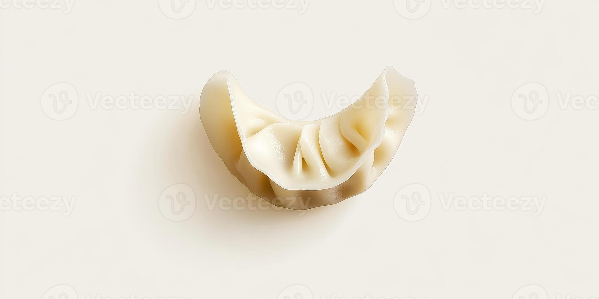 A single steamed dumpling on a neutral off white backdrop photo