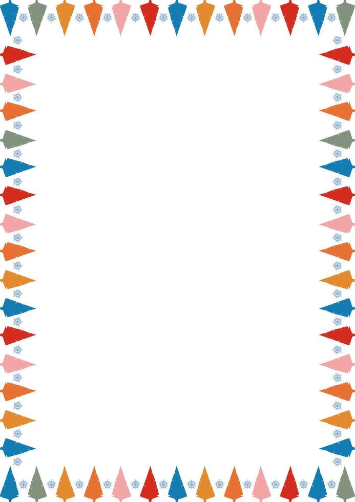 Colorful snowy pine tree forest frame. Festive greeting template with Christmas tree elements. vector