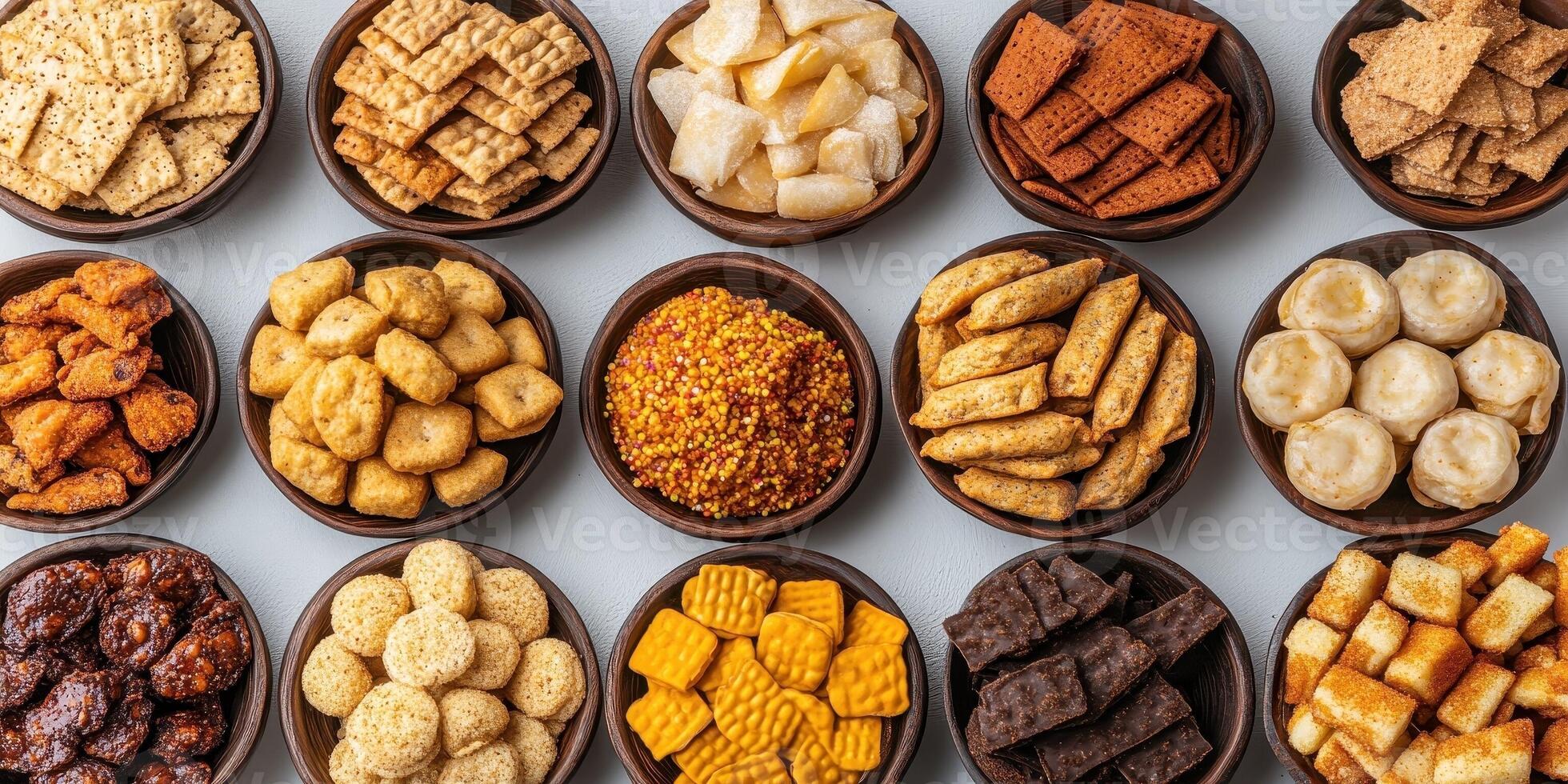 Various Types Of Savory Snacks Presented In Wooden Bowls photo