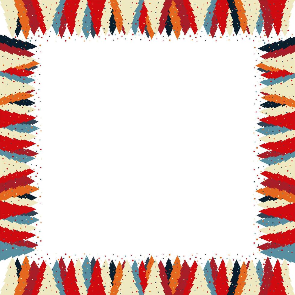 Colorful snowy pine tree frame. Festive greeting template with Christmas tree elements. Bright borde vector
