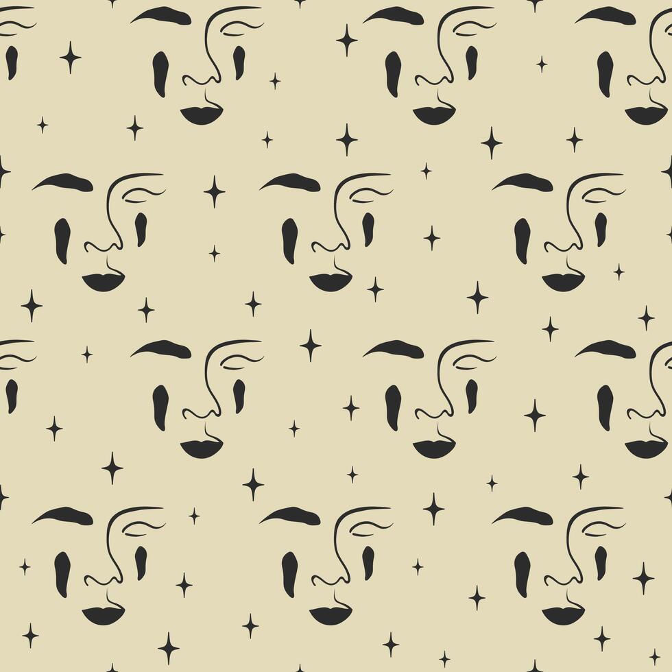 Beautiful ink female face seamless pattern. Aesthetic hand drawn abstract graphic modern art vector
