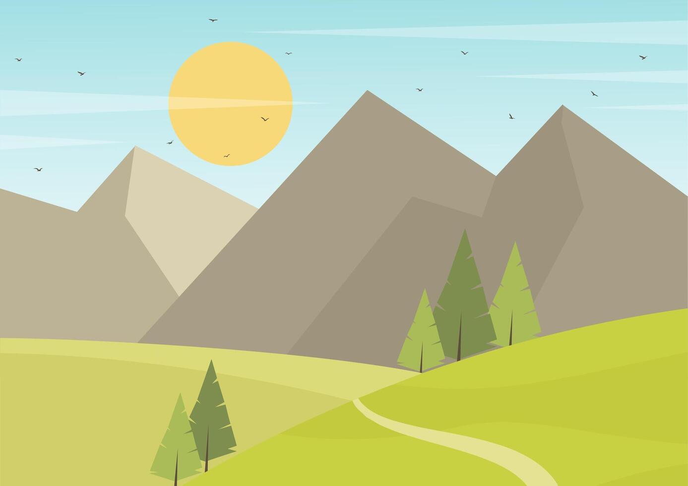 Green nature forest landscape scenery background. Skyline with spring fields flat cartoon style illustration vector