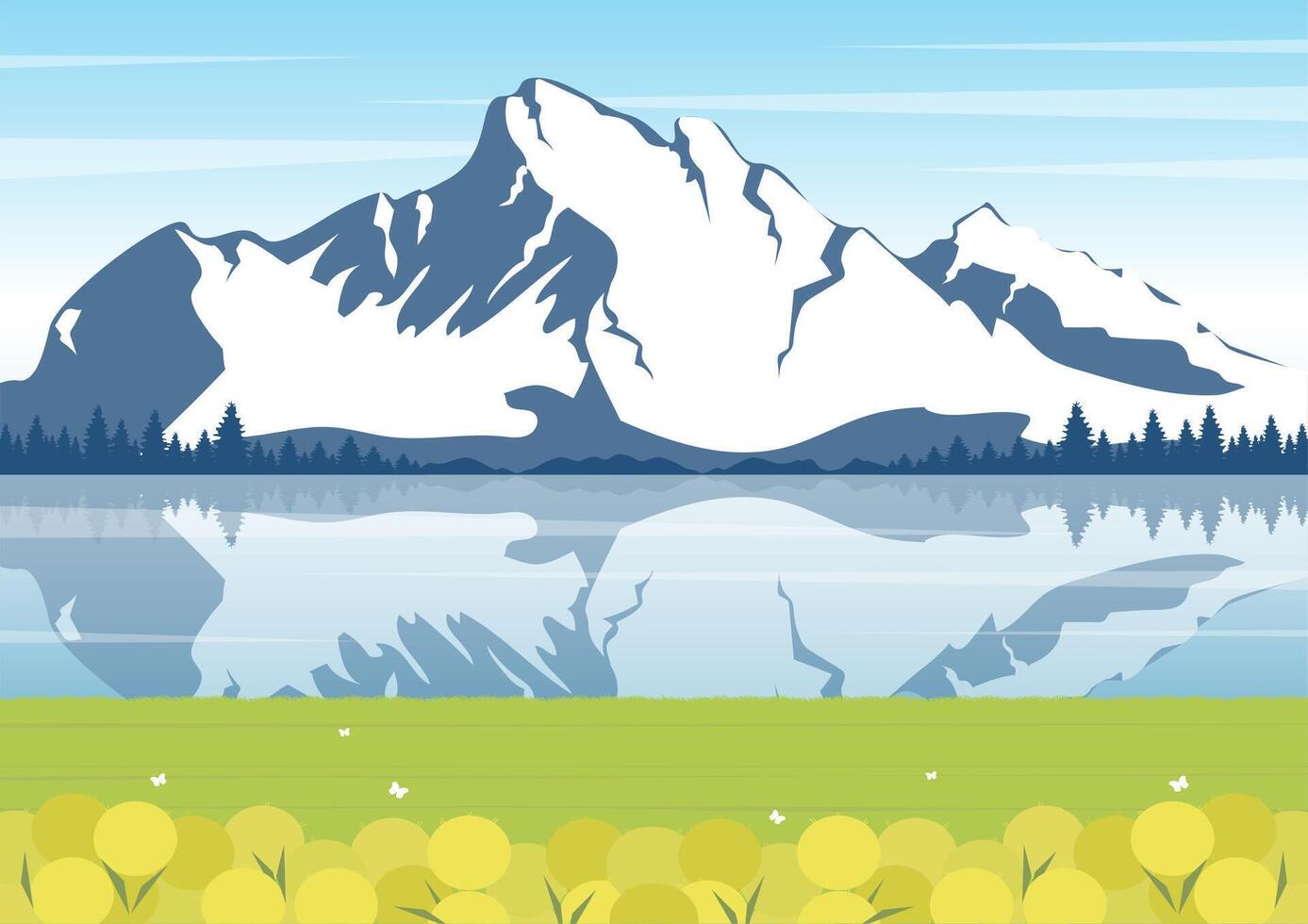 Spring Mountains landscape near water illustration. Minimalist view with forest and spring field poster vector