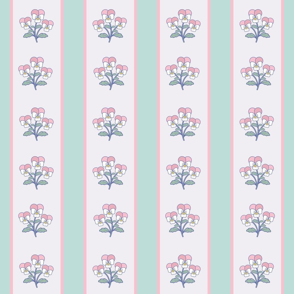Seamless stripe pattern with pansy flower. Pastel green and purple background with floral design. Vintage spring wallpaper. Blossom fabric print. vector