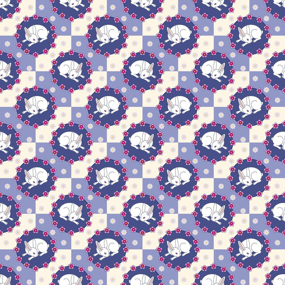 Seamless checkered pattern with white bunny and pink flower. Repeat rabbit in round floral design wallpaper. Blue, Purple, Pale Yellow background. vector