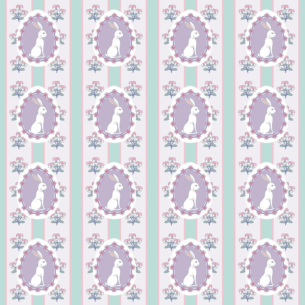 Seamless stripe pattern with white rabbit and pansy flower. Easter bunny with pastel color background. Spring wallpaper design. Green, Purple. vector