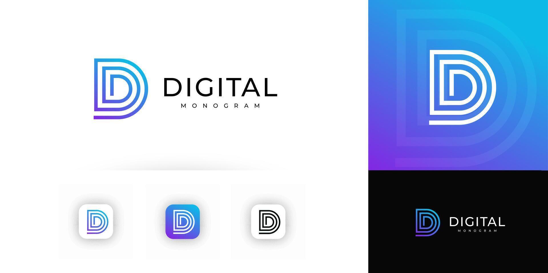 Stylized letter D formed by layered digital lines with gradient color, evokes innovation, precision. Suitable for tech branding, apps, digital identity. Modern geometric monogram. illustration. vector