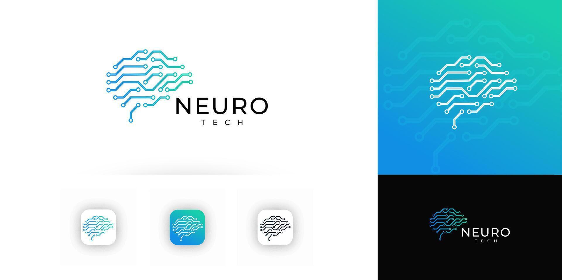 Brain Circuit design with Branching Tech lines symbolizing digital processing, innovation, intelligence. Tech hardware, AI, neuroscience, app branding, cyber system. Schematic Logo. vector