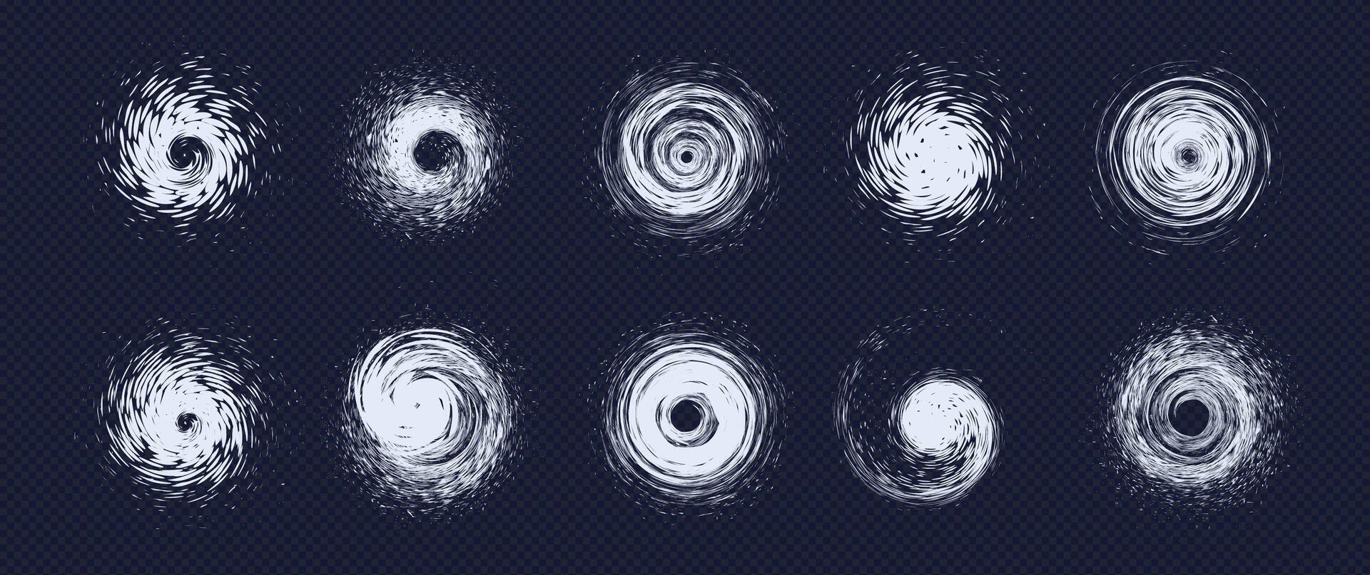 Swirling vortexes representing hurricanes, cyclones, and tornadoes with dynamic spinning motion. Natural force graphic element for weather news, science visuals, disaster designs. illustration vector