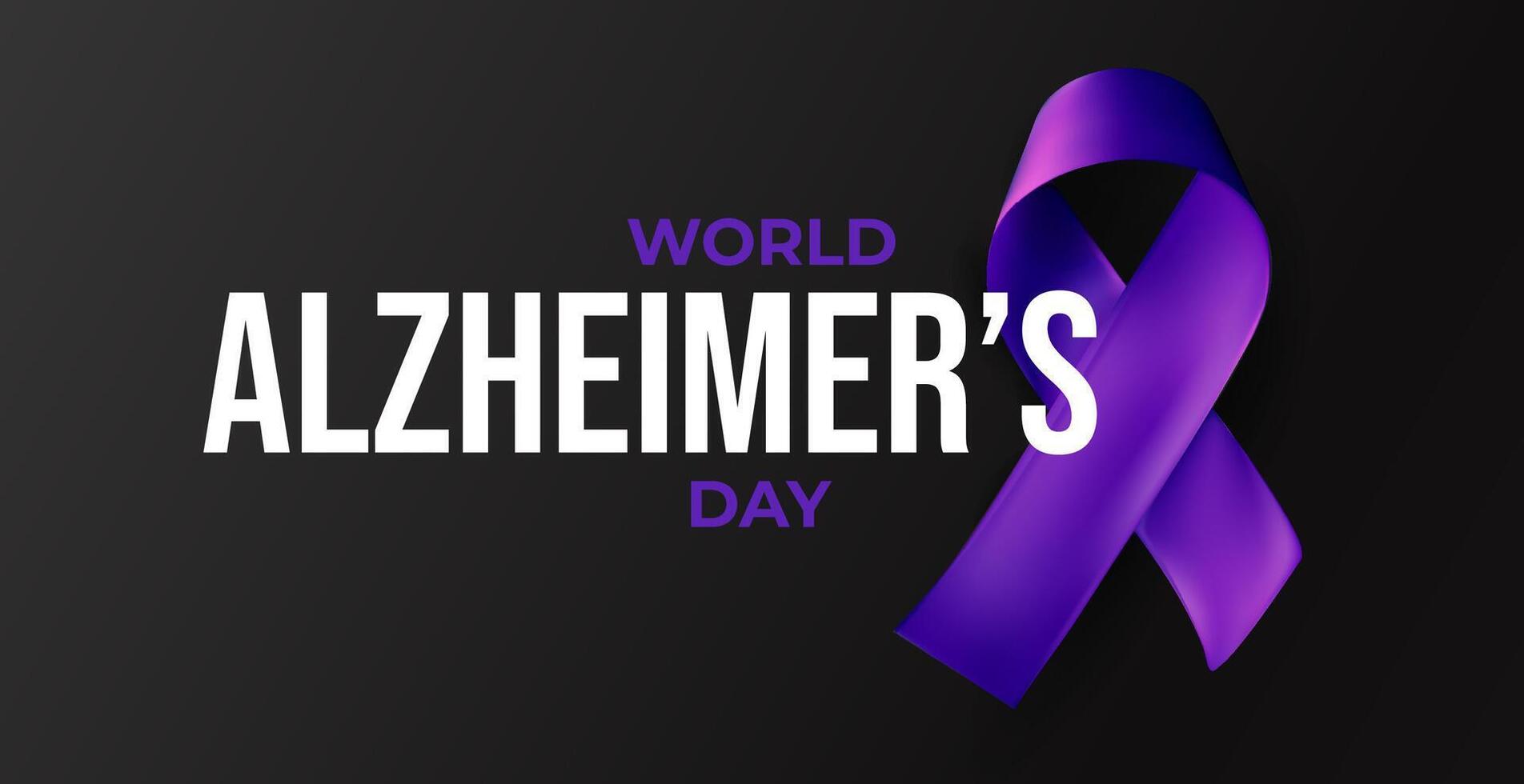 Purple ribbon for World Alzheimers Day on dark gradient background. Emotional tribute to memory loss awareness, aging support, dementia care. Glossy symbolic illustration vector