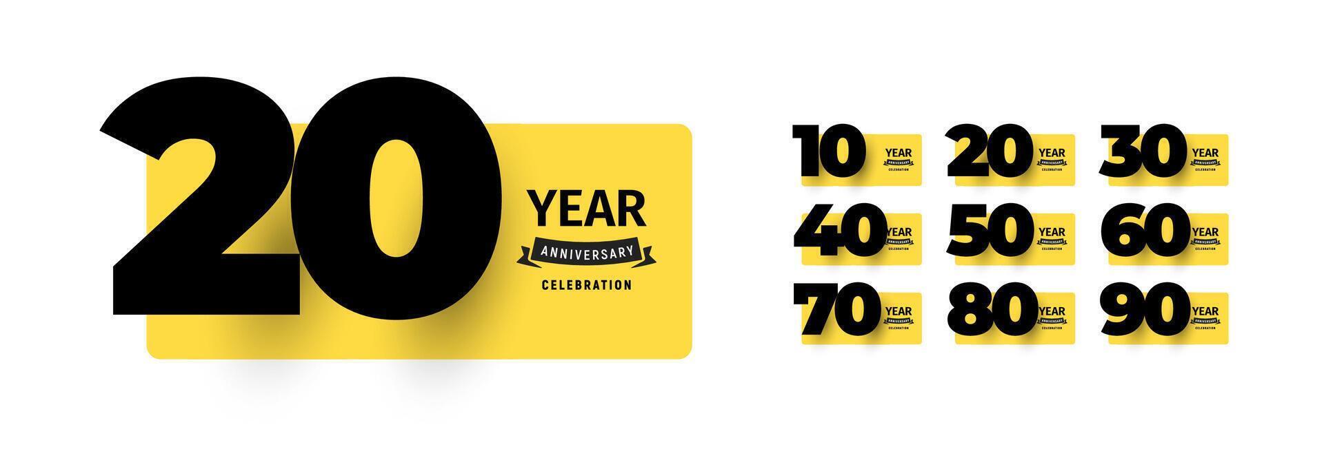 Modern anniversary celebration design set featuring bold numbers from 10 to 90 with stylish typography on yellow backgrounds. Ideal for greeting card and birthday banner. illustration vector
