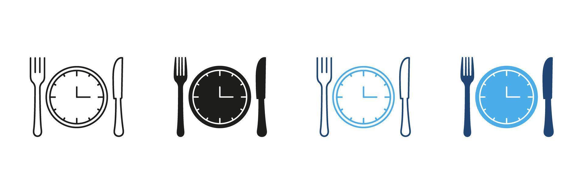 Meal Time Line and Silhouette Icon Set. Clock With Knife And Fork, Restaurant, Culinary, Dining Concept. Editable Stroke. Isolated Illustration vector