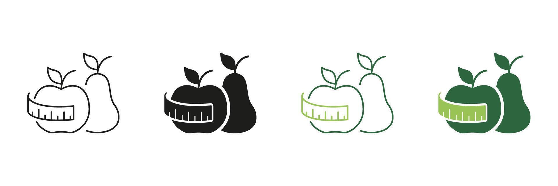 Apple And Pear Line and Silhouette Icon Set With Measuring Tape, Healthy Food And Weight Control Concept. Diet And Wellness Design. Editable Stroke. Isolated Illustration vector