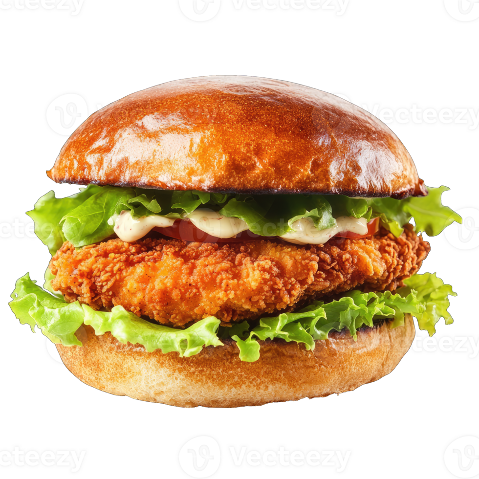 Best crispy chicken burger sandwich recipe with lettuce tomato and mayonnaise on isolated png