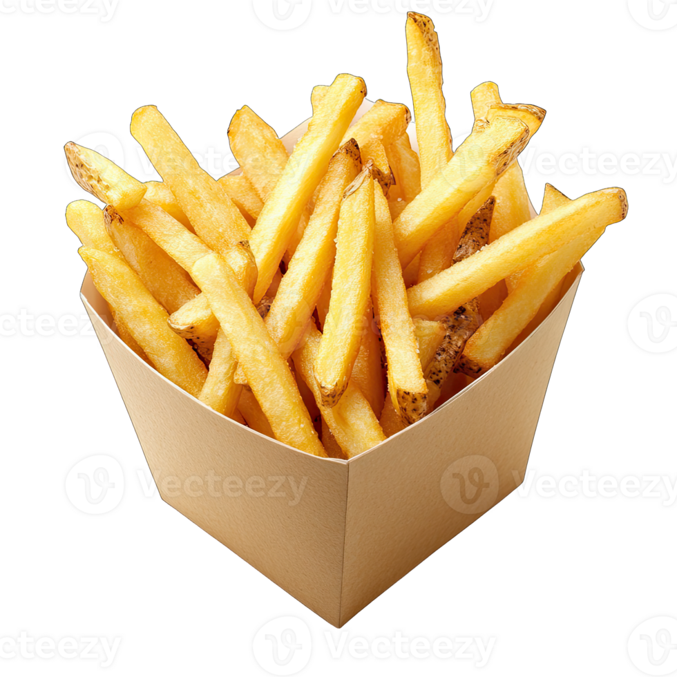Golden crispy french fries in box on perfect for fast food restaurant menu and ads png