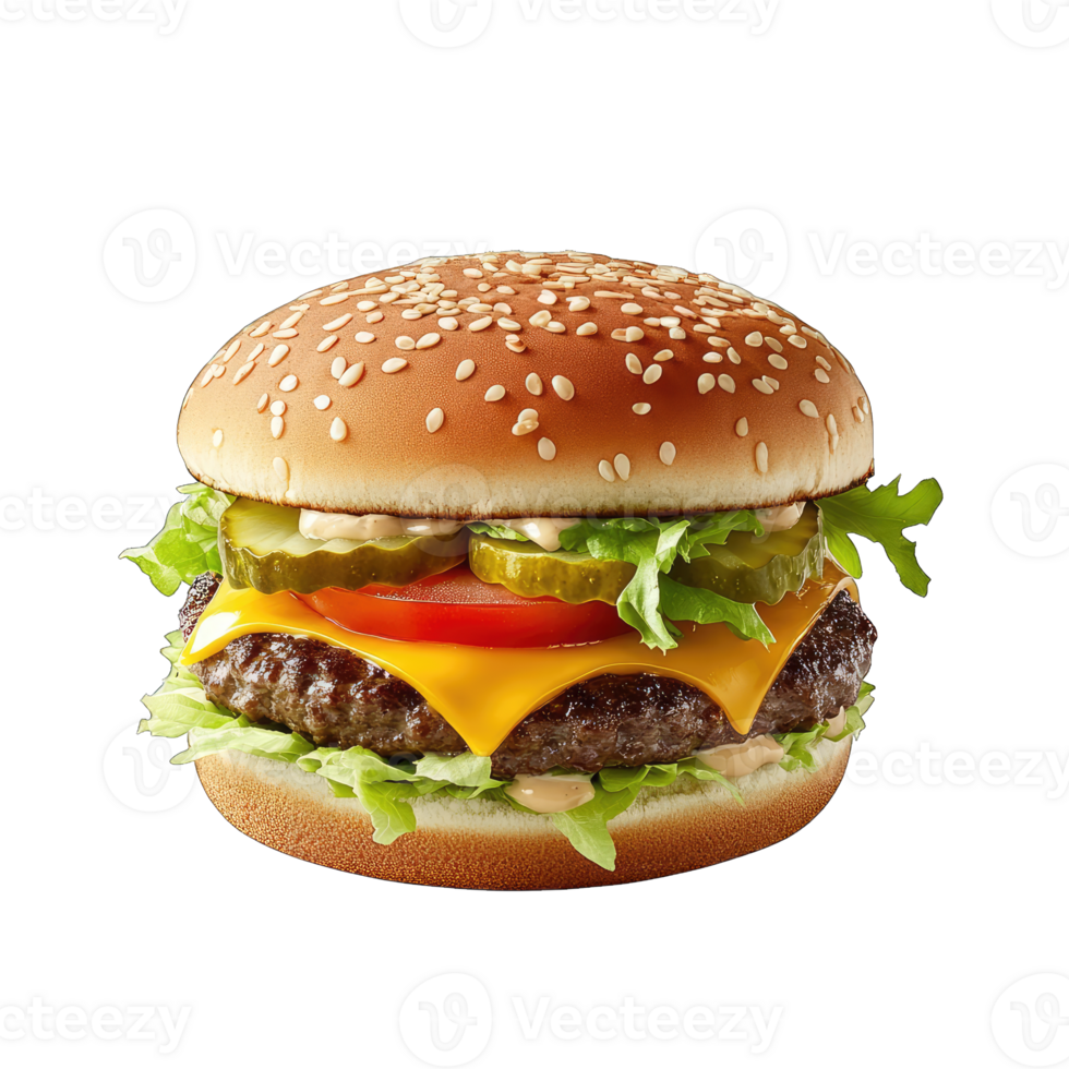 Delicious cheeseburger with sesame bun lettuce tomato and pickles isolated on for menu design png