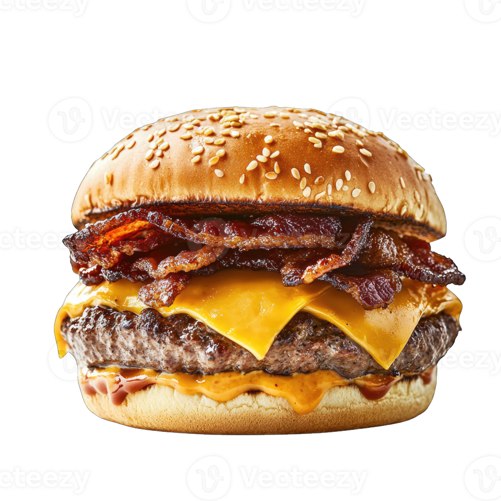 Delicious bacon cheeseburger restaurant menu item with sesame bun on a photo png