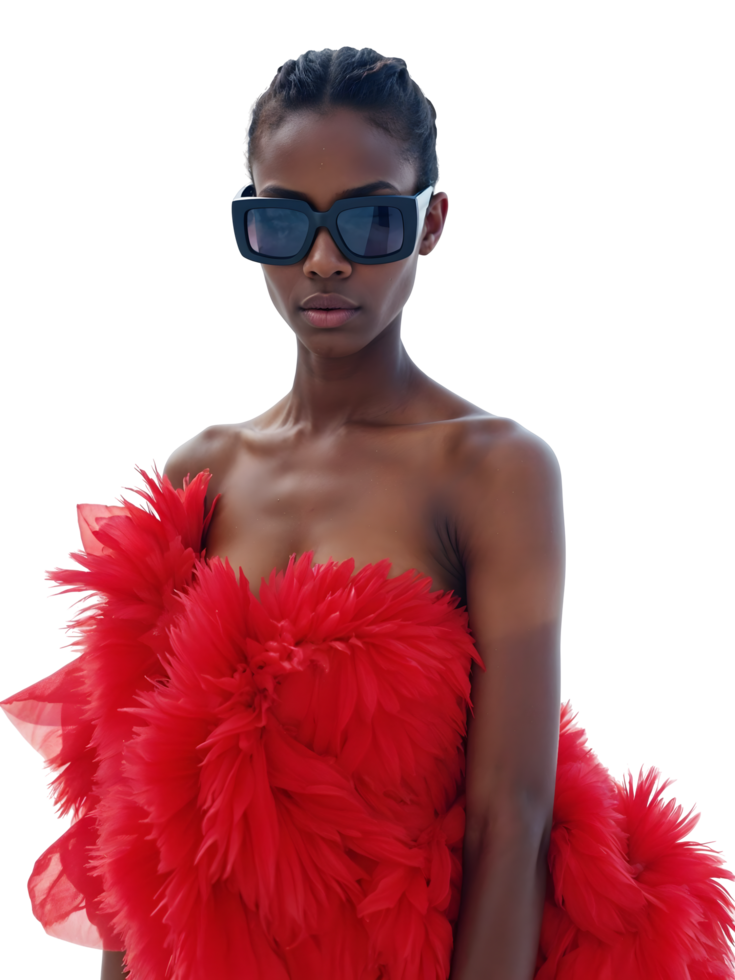 Elegant Black Woman in Luxurious Red Feathered Dress and Stylish Sunglasses Posing Against Snowy Ice Background High Fashion Concept, transparent background png