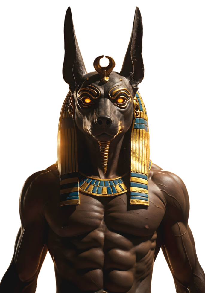 Ancient Egyptian God Anubis Powerful Mythological Warrior with Glowing Eyes and Gold Adornments png