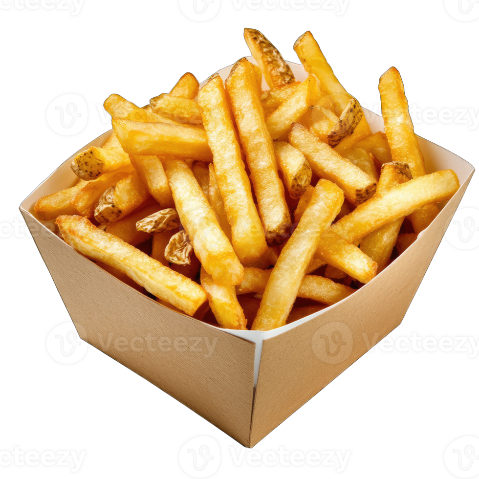 Delicious crispy french fries in a cardboard container on food photography closeup view png