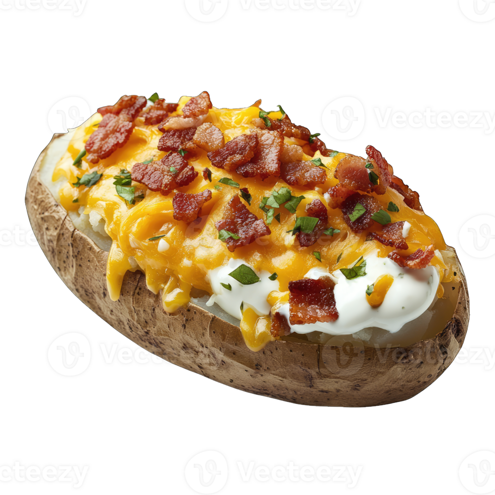 Loaded baked potato with cheese bacon and sour cream gourmet food delicious meal recipe closeup shot png