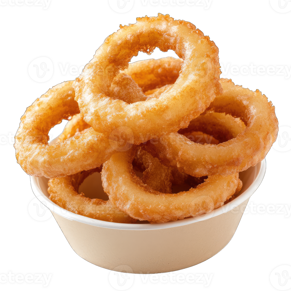 Golden crispy onion rings in bowl fried fast food appetizer restaurant menu item delicious snack png