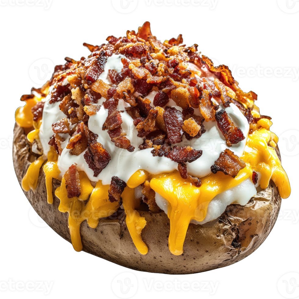 Loaded baked potato with cheese sour cream and bacon recipe food photography delicious meal acter png