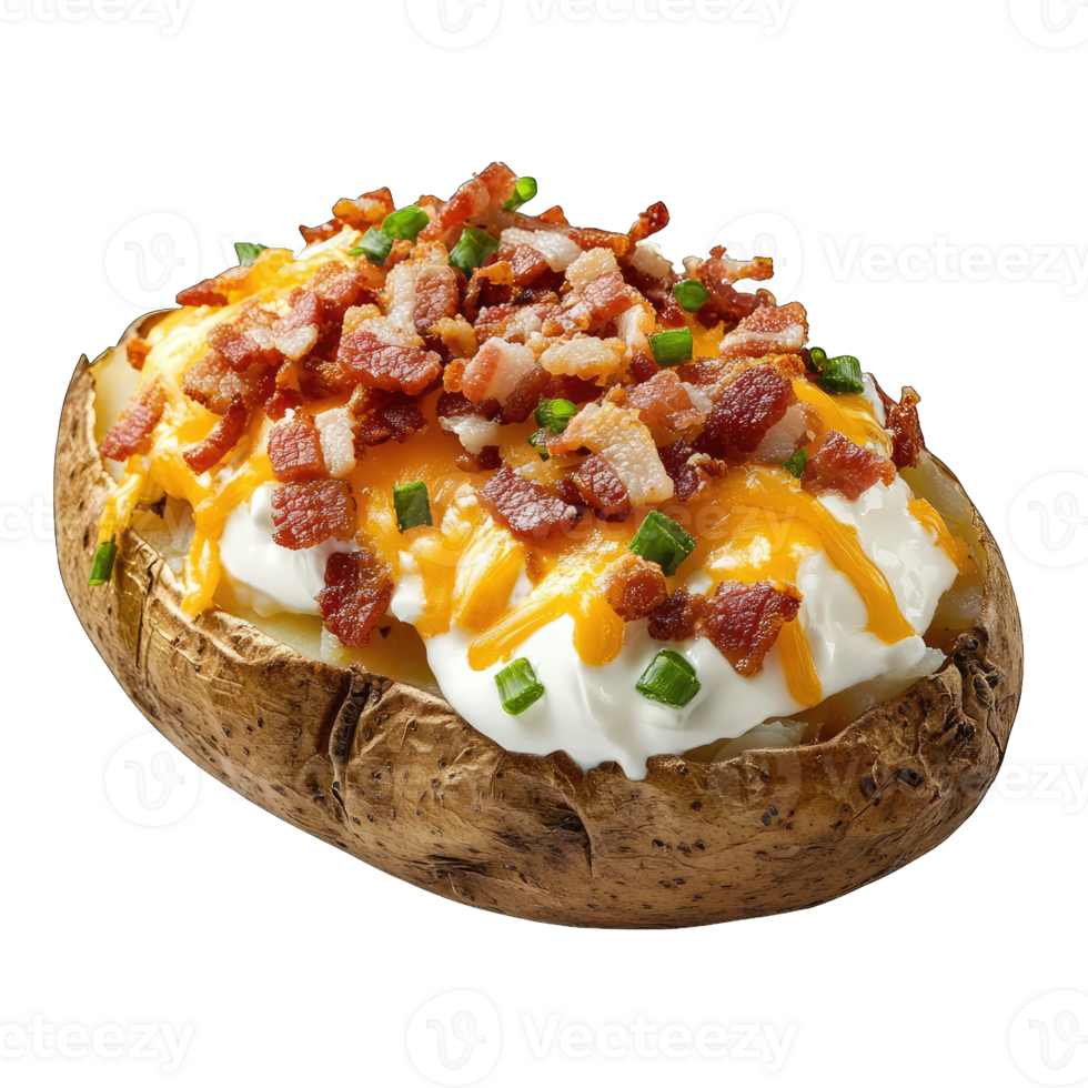 Loaded baked potato with cheese bacon and sour cream delicious food recipe restaurant style acter png