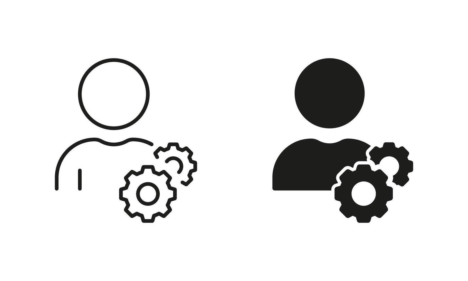 Project Management Concept. Person with Gear Line and Silhouette Icon Set. Workforce Icon. Leader Works. Social Human with Cog Wheel. Teamwork Symbol. Editable Stroke. Isolated Illustration vector