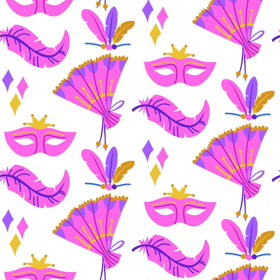 pattern with carnival details for Mardi Gras. Fan, beads, feathers, confetti. A texture for decorating materials, advertising campaigns, and products related to Mardi Gras and carnival. Seamless vector