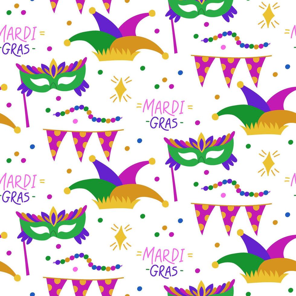 pattern of elements of carnival costume for Mardi Gras. Mask, flags, jester's cap, sequins, beads. It is suitable for decorating materials, advertising campaigns, products related carnivals. Seamless vector