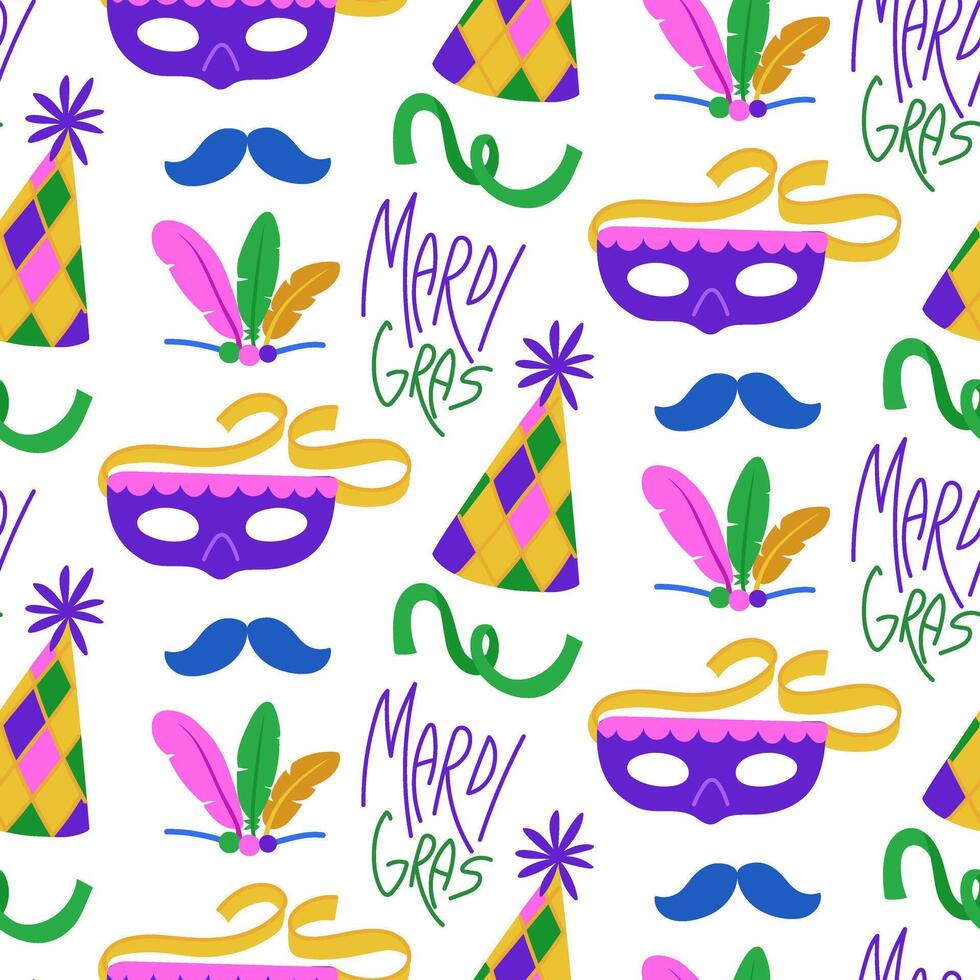 pattern for Mardi Gras. Hat, feather, mask, confetti. The color flat illustration is suitable for decoration of carnival events, promotional materials and goods, seamless texture for holidays. vector